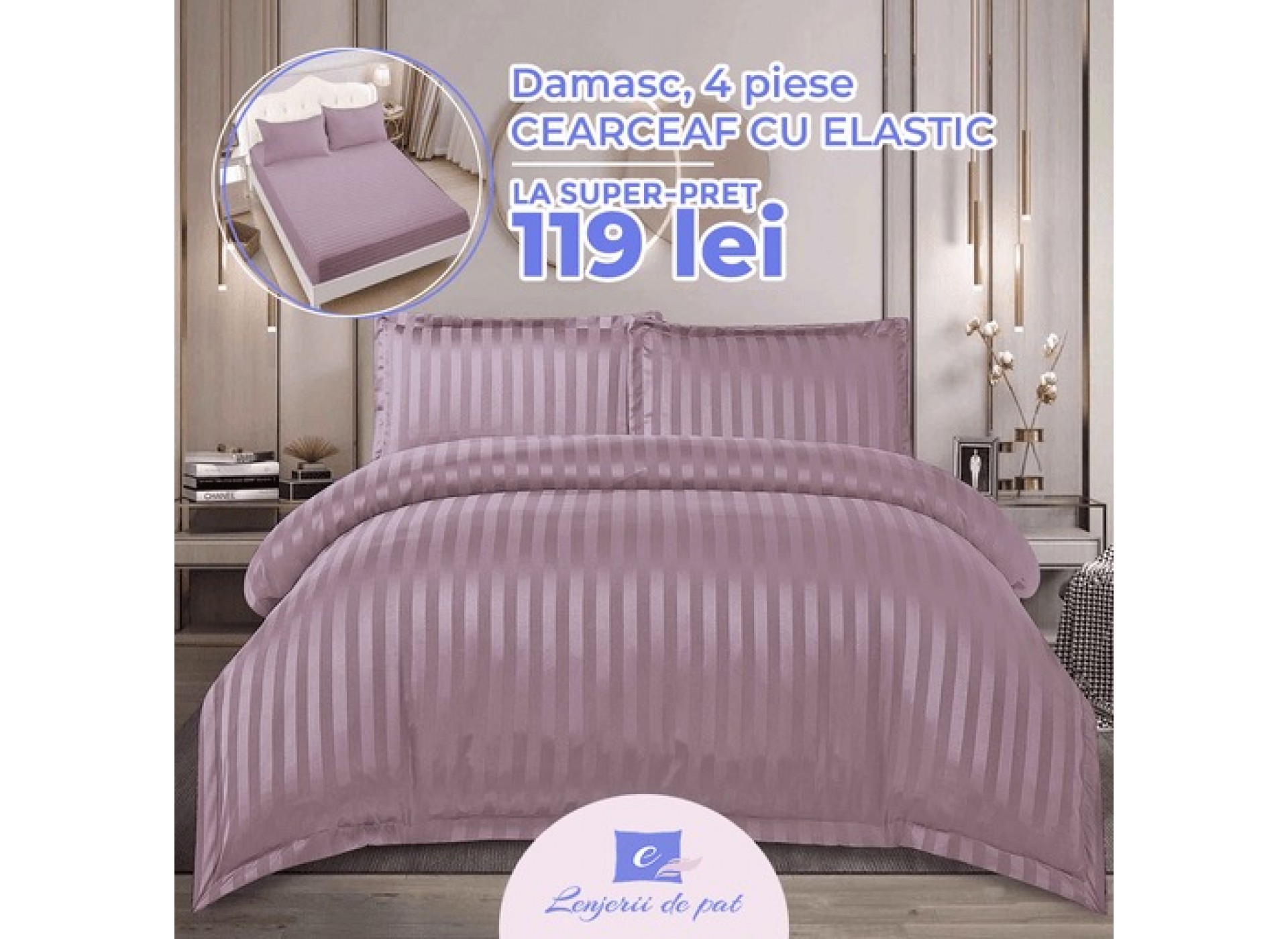 Lenjerie de Lux din Damasc Finetat Deluxe cu 4 piese-cearșaf de pat cu ELASTIC DFE001