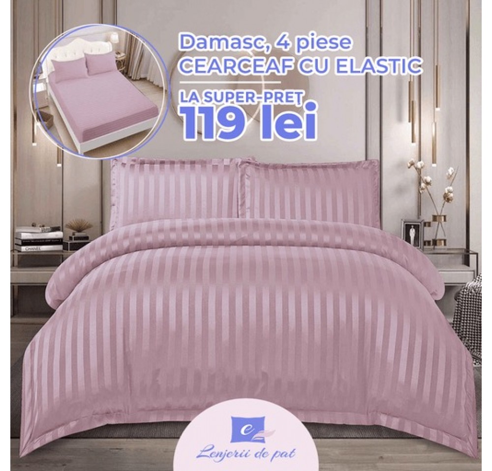 Lenjerie de Lux din Damasc Finetat Deluxe cu 4 piese-cearșaf de pat cu ELASTIC DFE004