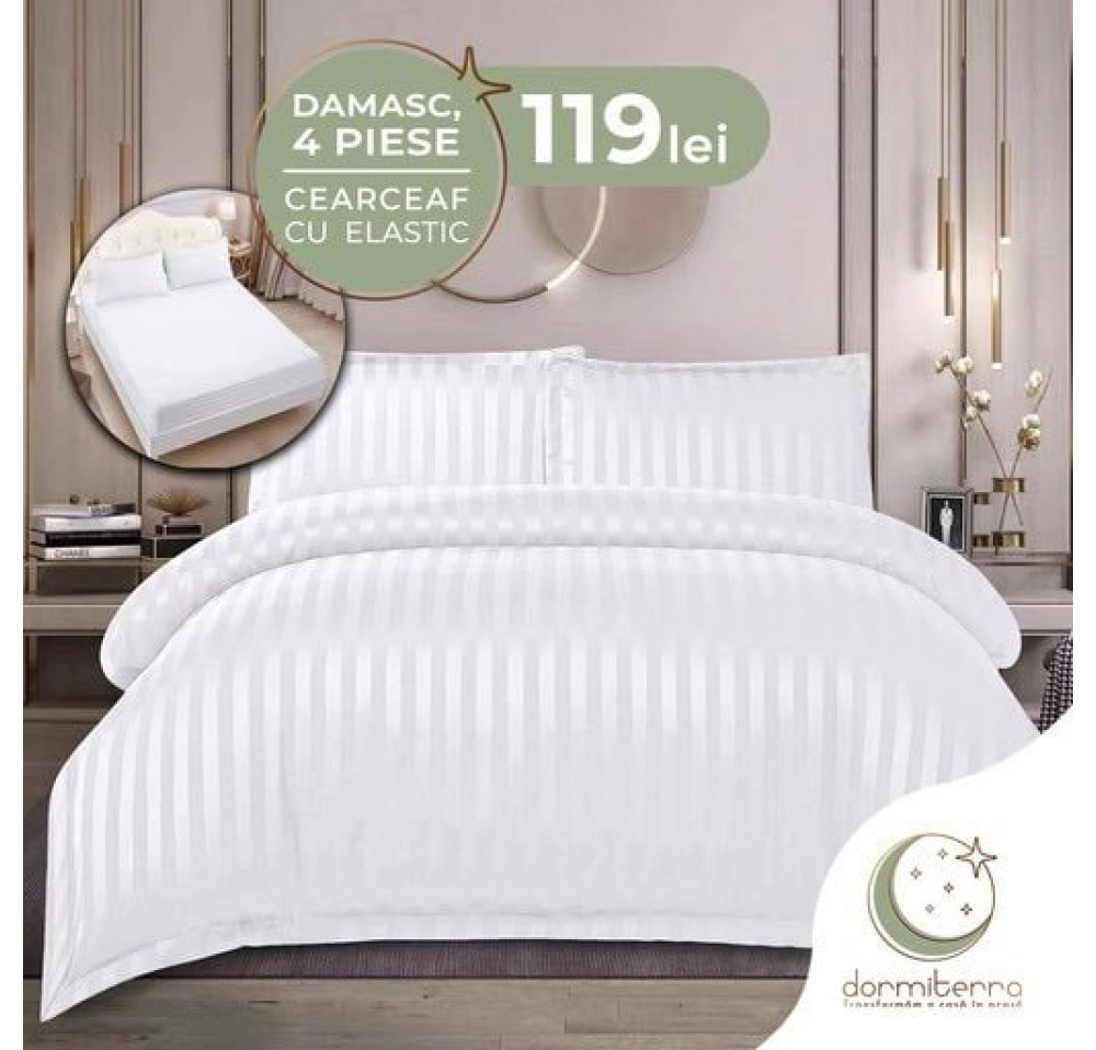 Lenjerie de Lux din Damasc Finetat Deluxe cu 4 piese-cearșaf de pat cu ELASTIC DFE008