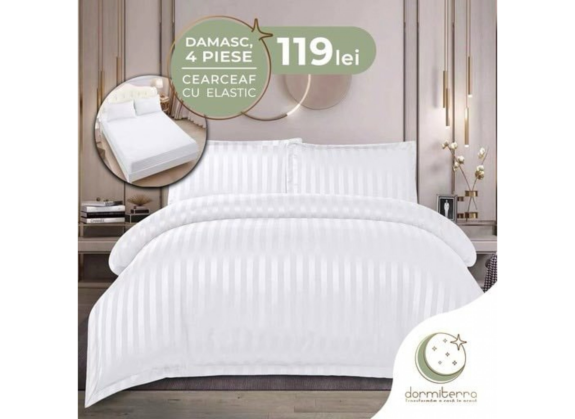 Lenjerie de Lux din Damasc Finetat Deluxe cu 4 piese-cearșaf de pat cu ELASTIC DFE008