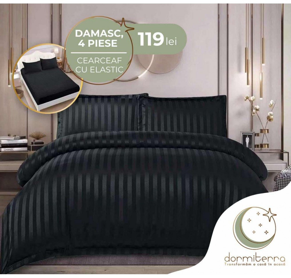 Lenjerie de Lux din Damasc Finetat Deluxe cu 4 piese-cearșaf de pat cu ELASTIC DFE009