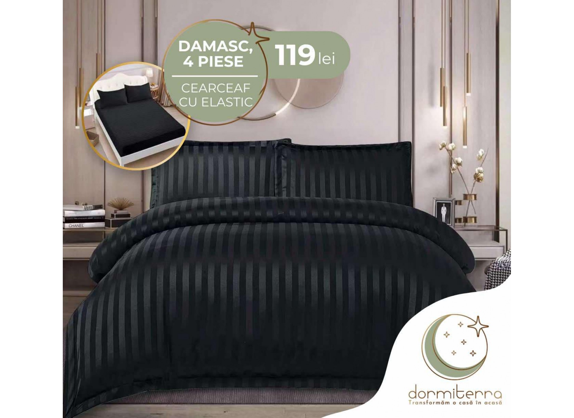 Lenjerie de Lux din Damasc Finetat Deluxe cu 4 piese-cearșaf de pat cu ELASTIC DFE009