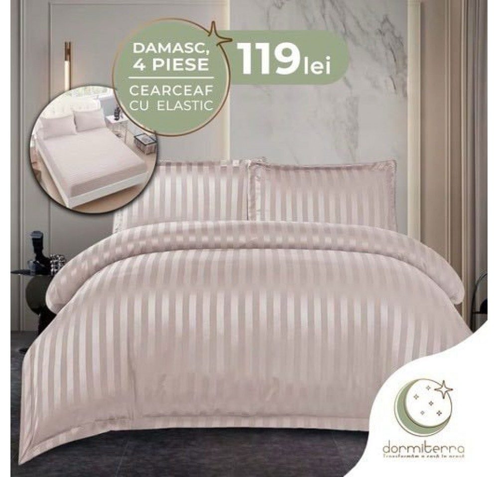 Lenjerie de Lux din Damasc Finetat Deluxe cu 4 piese-cearșaf de pat cu ELASTIC DFE011