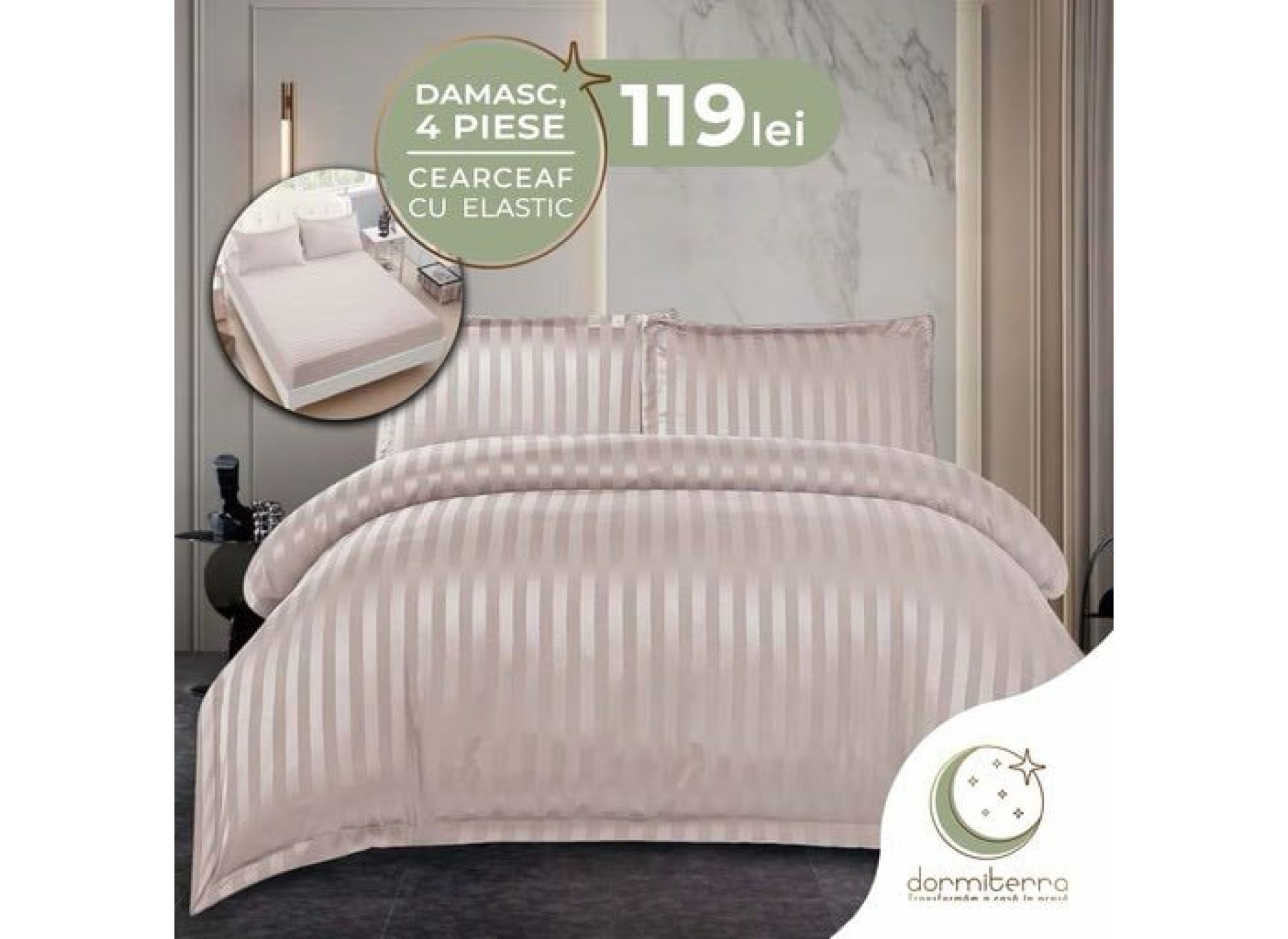 Lenjerie de Lux din Damasc Finetat Deluxe cu 4 piese-cearșaf de pat cu ELASTIC DFE011
