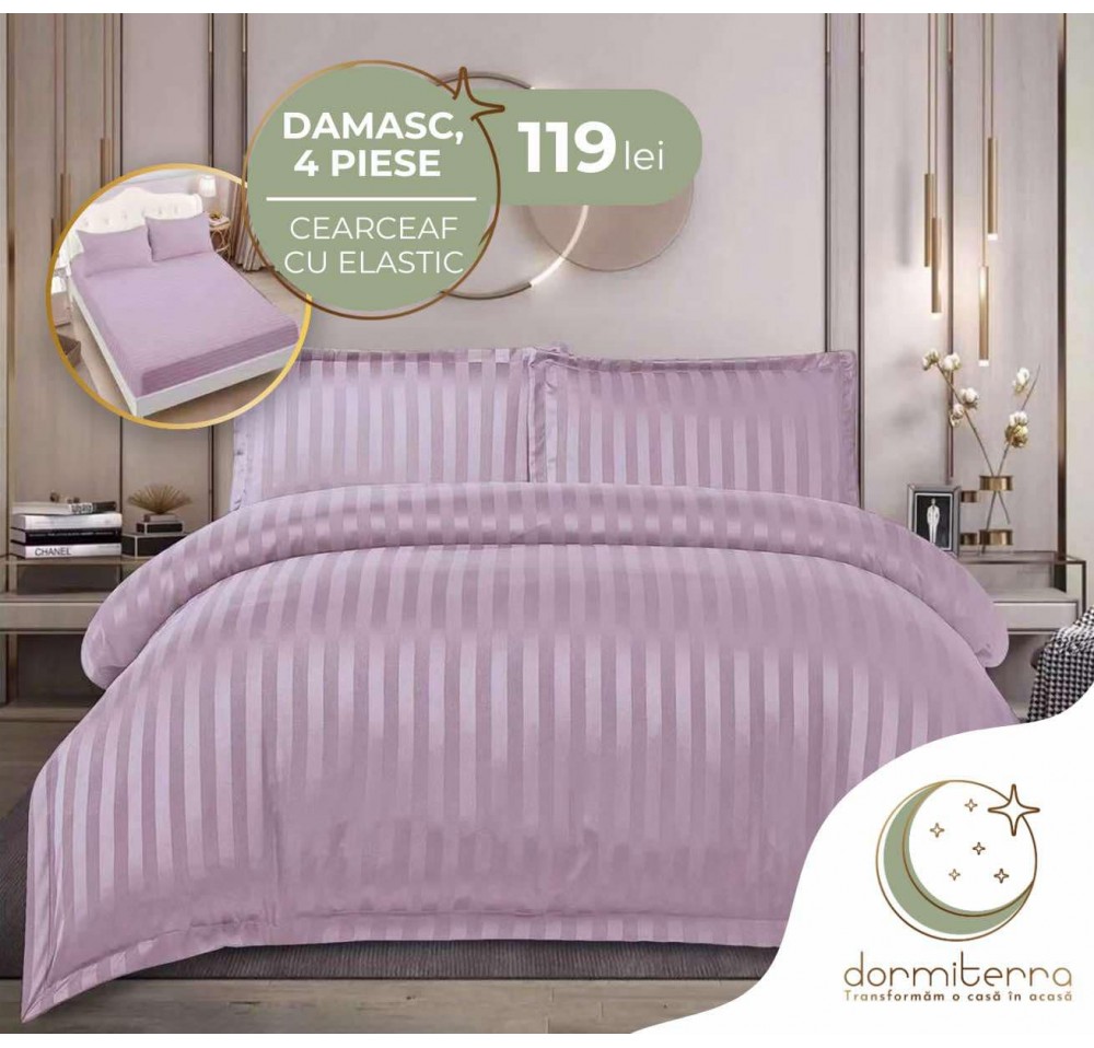 Lenjerie de Lux din Damasc Finetat Deluxe cu 4 piese-cearșaf de pat cu ELASTIC DFE012
