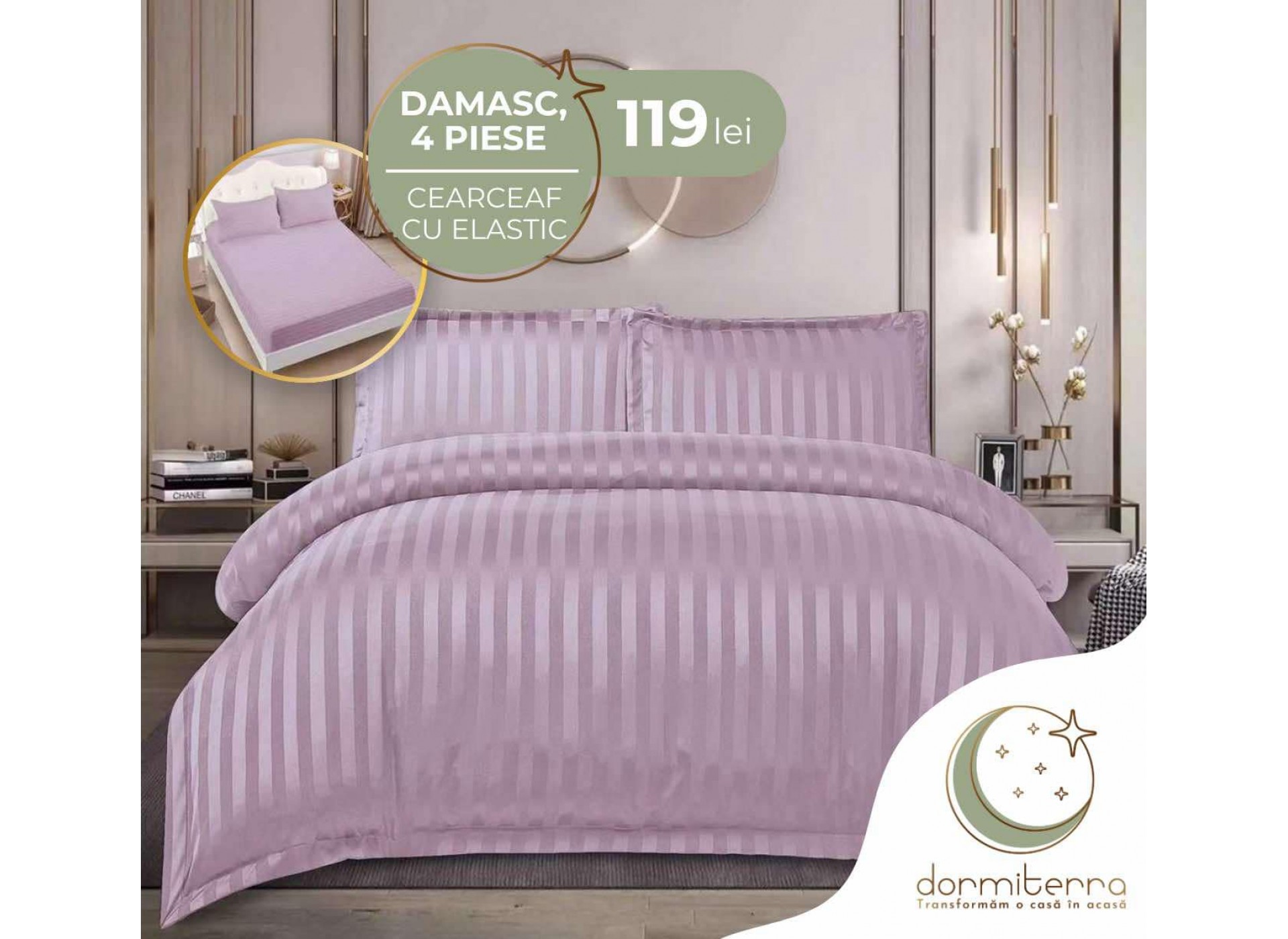 Lenjerie de Lux din Damasc Finetat Deluxe cu 4 piese-cearșaf de pat cu ELASTIC DFE012