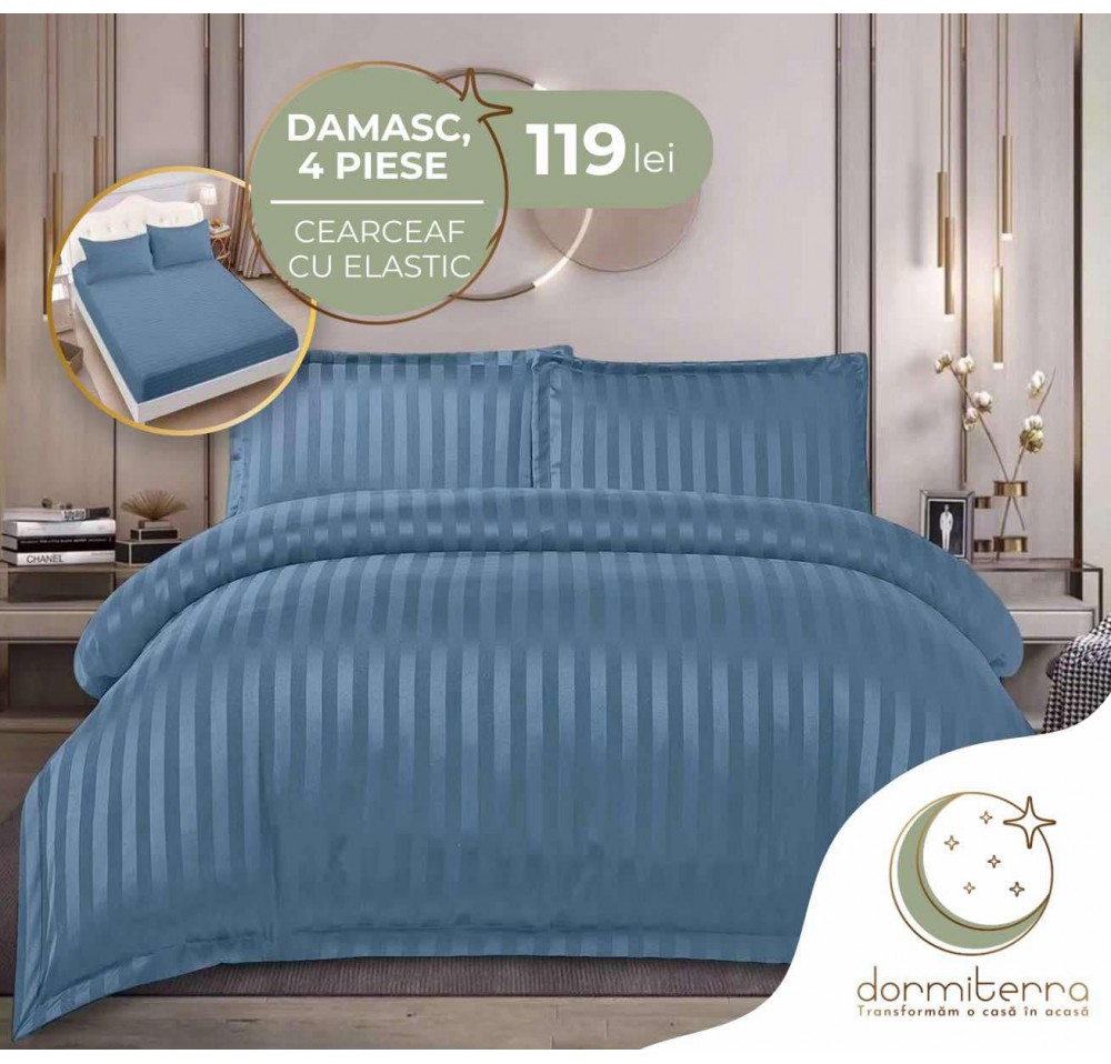 Lenjerie de Lux din Damasc Finetat Deluxe cu 4 piese-cearșaf de pat cu ELASTIC DFE014