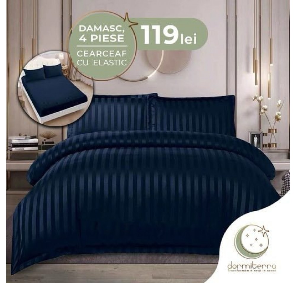 Lenjerie de Lux din Damasc Finetat Deluxe cu 4 piese-cearșaf de pat cu ELASTIC DFE015