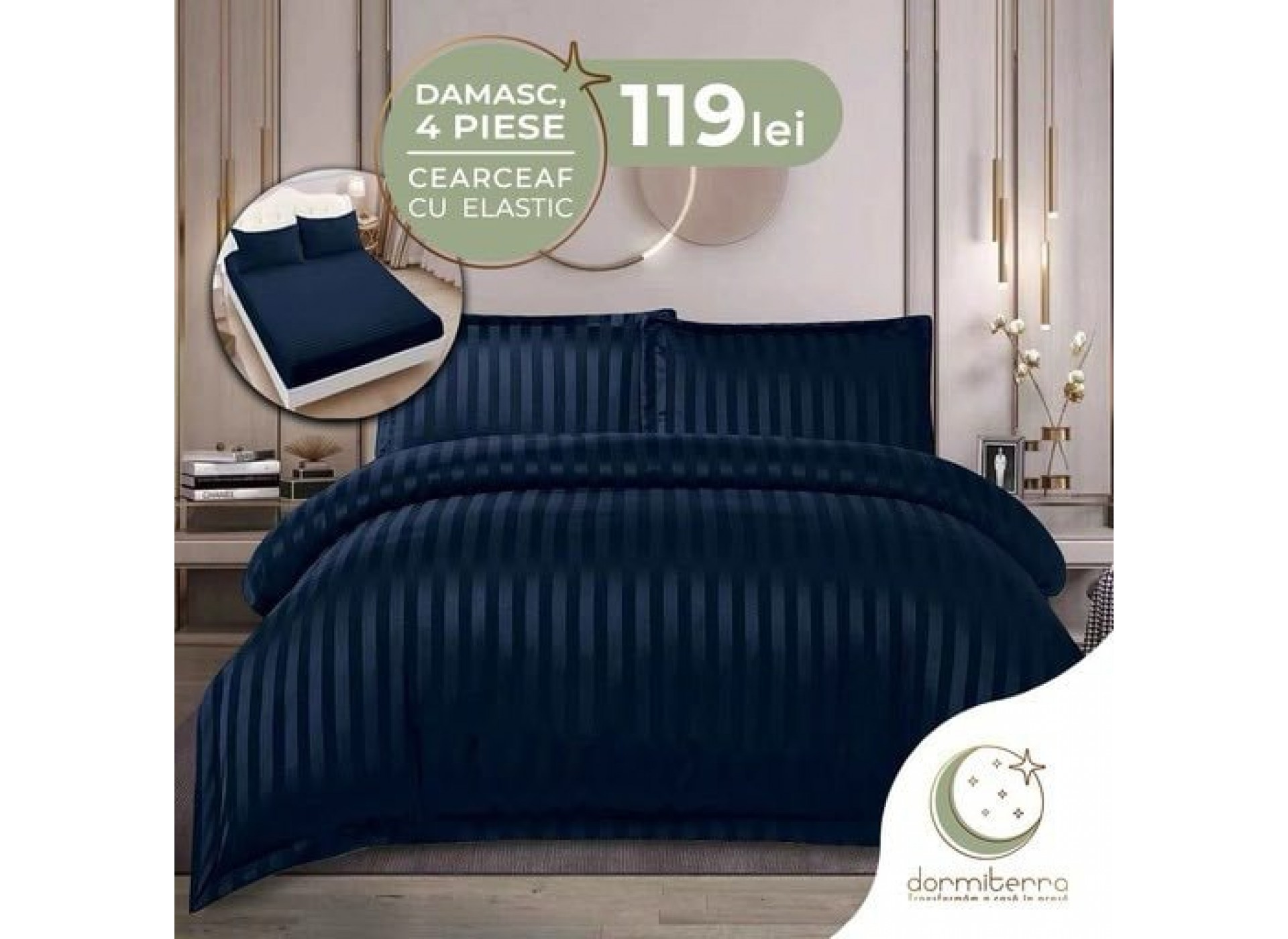 Lenjerie de Lux din Damasc Finetat Deluxe cu 4 piese-cearșaf de pat cu ELASTIC DFE015