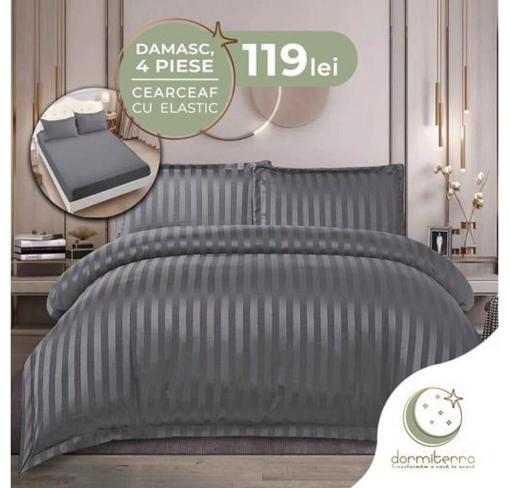 Lenjerie de Lux din Damasc Finetat Deluxe cu 4 piese-cearșaf de pat cu ELASTIC DFE016