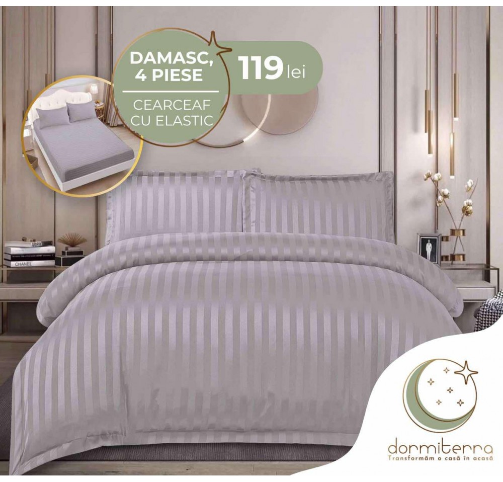 Lenjerie de Lux din Damasc Finetat Deluxe cu 4 piese-cearșaf de pat cu ELASTIC DFE017