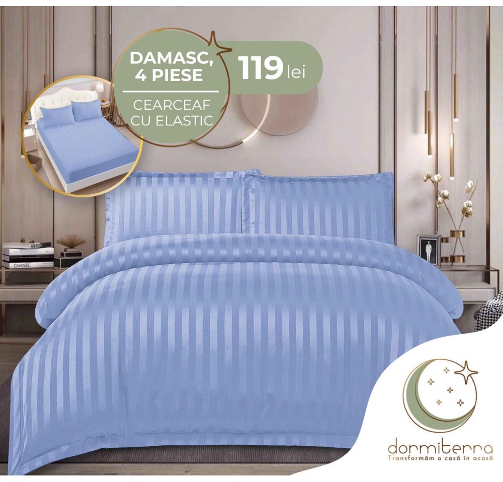Lenjerie de Lux din Damasc Finetat Deluxe cu 4 piese-cearșaf de pat cu ELASTIC DFE018