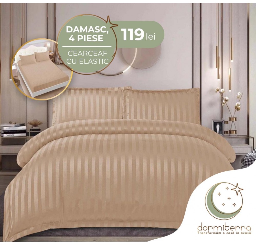 Lenjerie de Lux din Damasc Finetat Deluxe cu 4 piese-cearșaf de pat cu ELASTIC DFE019