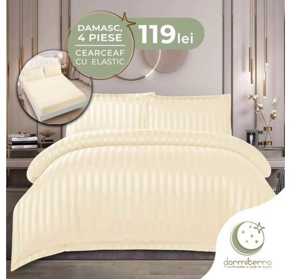 Lenjerie de Lux din Damasc Finetat Deluxe cu 4 piese-cearșaf de pat cu ELASTIC DFE021