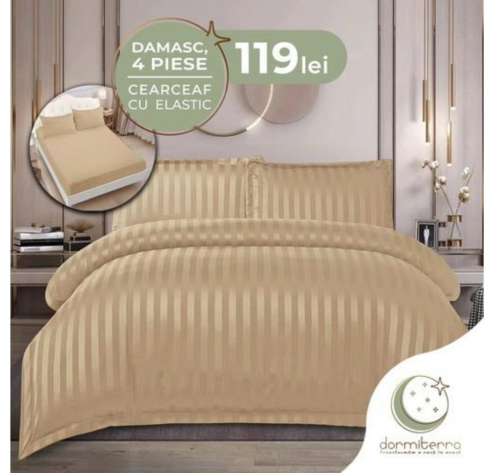 Lenjerie de Lux din Damasc Finetat Deluxe cu 4 piese-cearșaf de pat cu ELASTIC DFE022