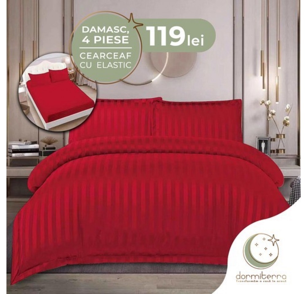 Lenjerie de Lux din Damasc Finetat Deluxe cu 4 piese-cearșaf de pat cu ELASTIC DFE026