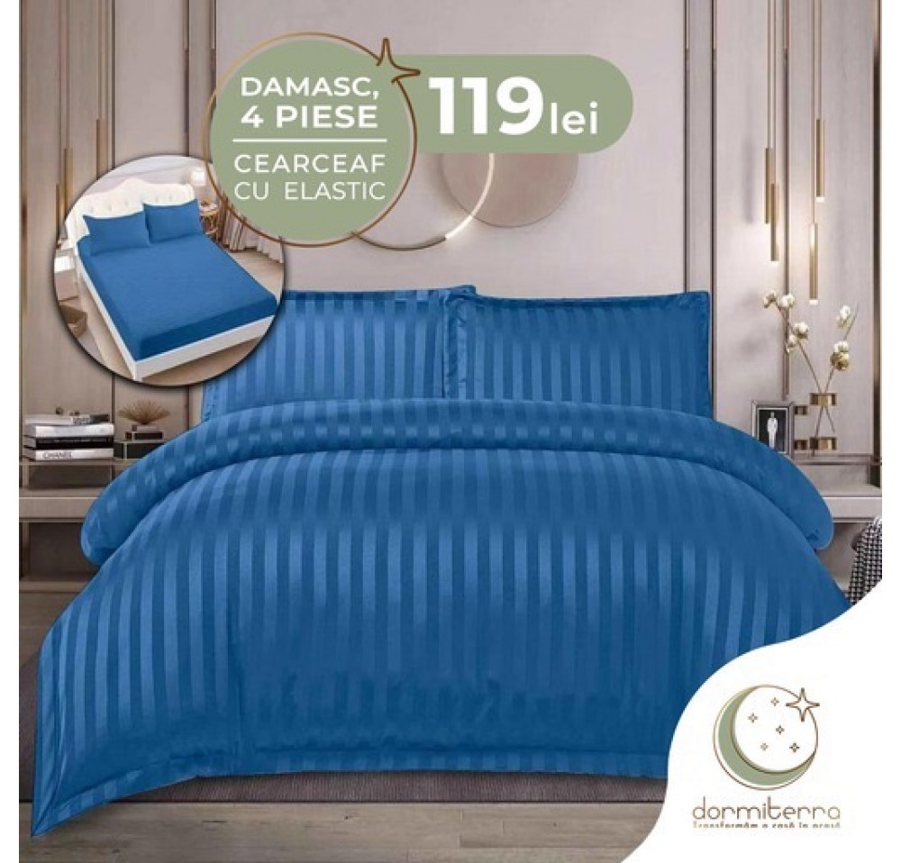 Lenjerie de Lux din Damasc Finetat Deluxe cu 4 piese-cearșaf de pat cu ELASTIC DFE027