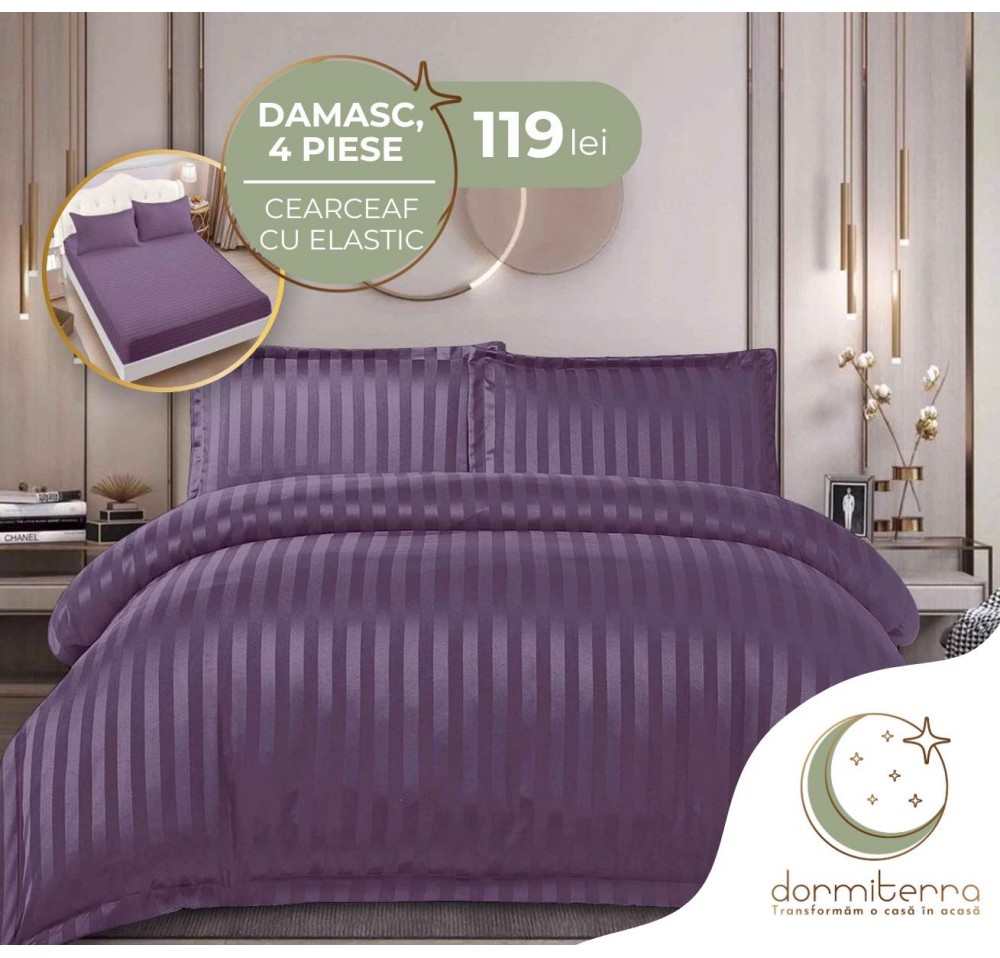 Lenjerie de Lux din Damasc Finetat Deluxe cu 4 piese-cearșaf de pat cu ELASTIC DFE028