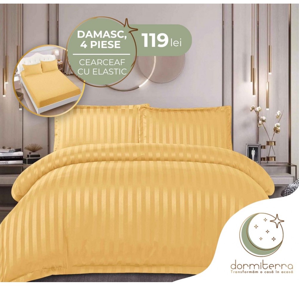 Lenjerie de Lux din Damasc Finetat Deluxe cu 4 piese-cearșaf de pat cu ELASTIC DFE030