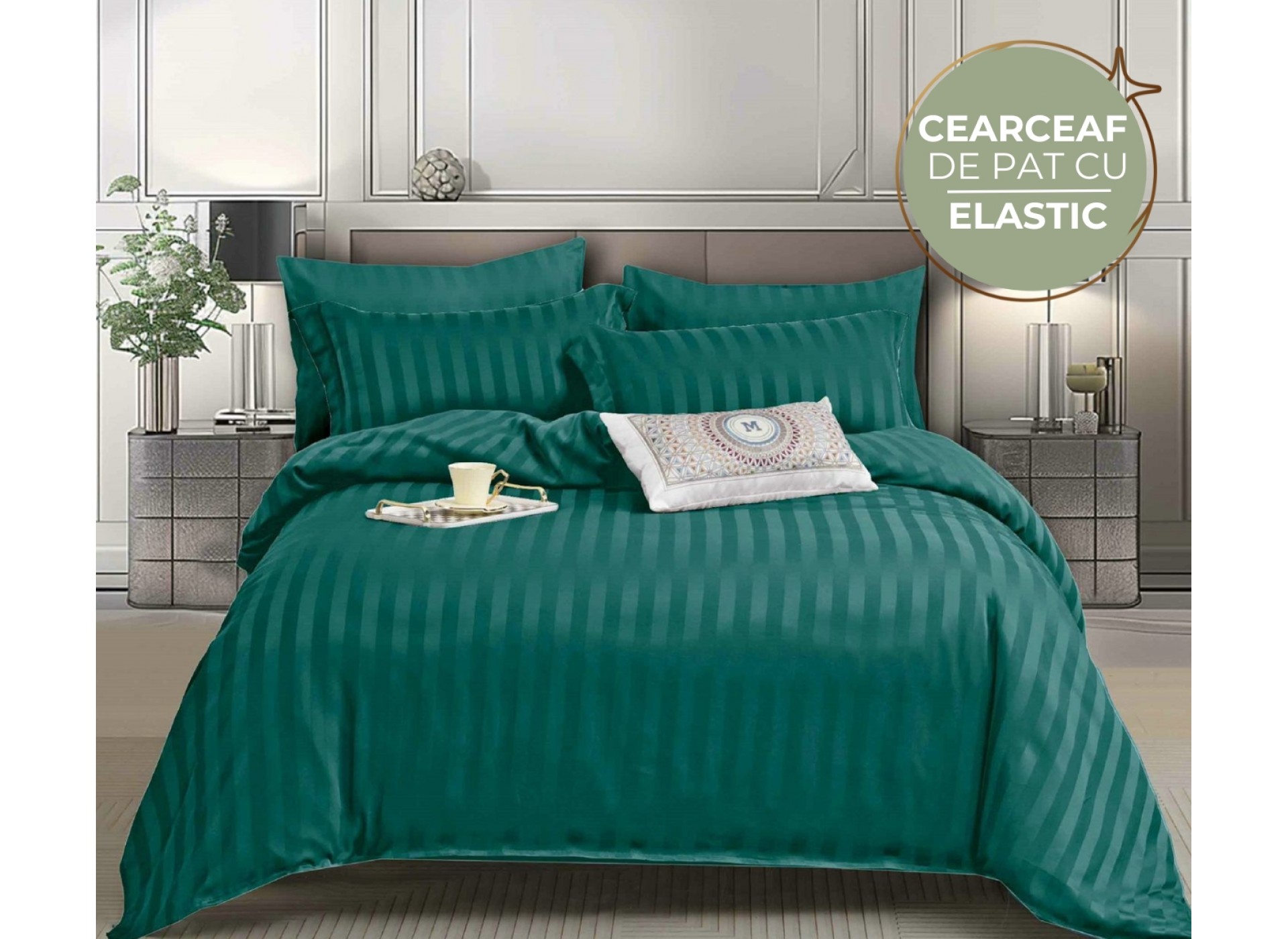 Lenjerie de Lux din Damasc cu 6 piese - CEARCEAF de pat cu ELASTIC DC17