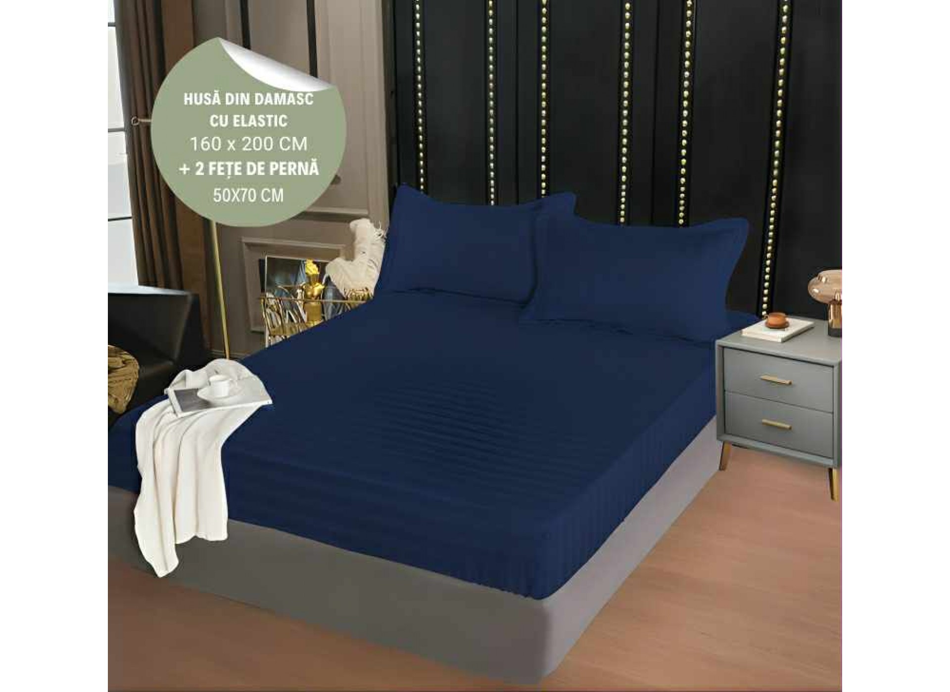 Husa de pat din damasc cu elastic 160x200cm + 2 fete de perna 50x70cm - HD01