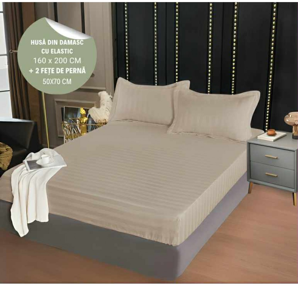 Husa de pat din damasc cu elastic 160x200cm + 2 fete de perna 50x70cm - HD02