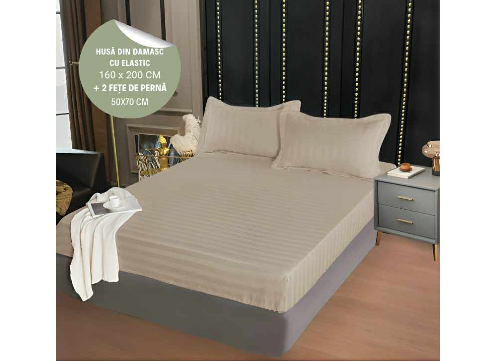 Husa de pat din damasc cu elastic 160x200cm + 2 fete de perna 50x70cm - HD02