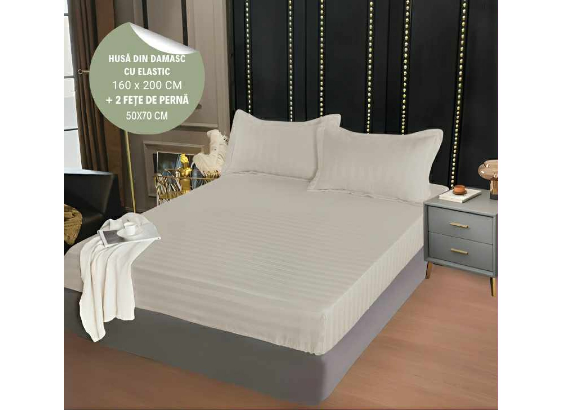 Husa de pat din damasc cu elastic 160x200cm + 2 fete de perna 50x70cm - HD03