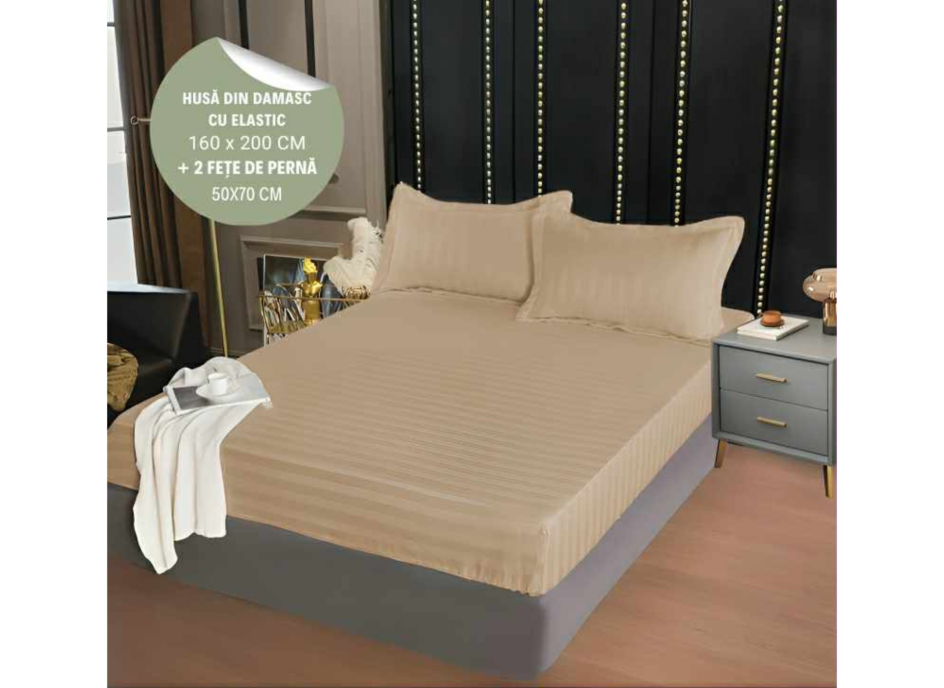 Husa de pat din damasc cu elastic 160x200cm + 2 fete de perna 50x70cm - HD04