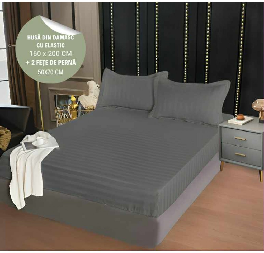 Husa de pat din damasc cu elastic 160x200cm + 2 fete de perna 50x70cm - HD05