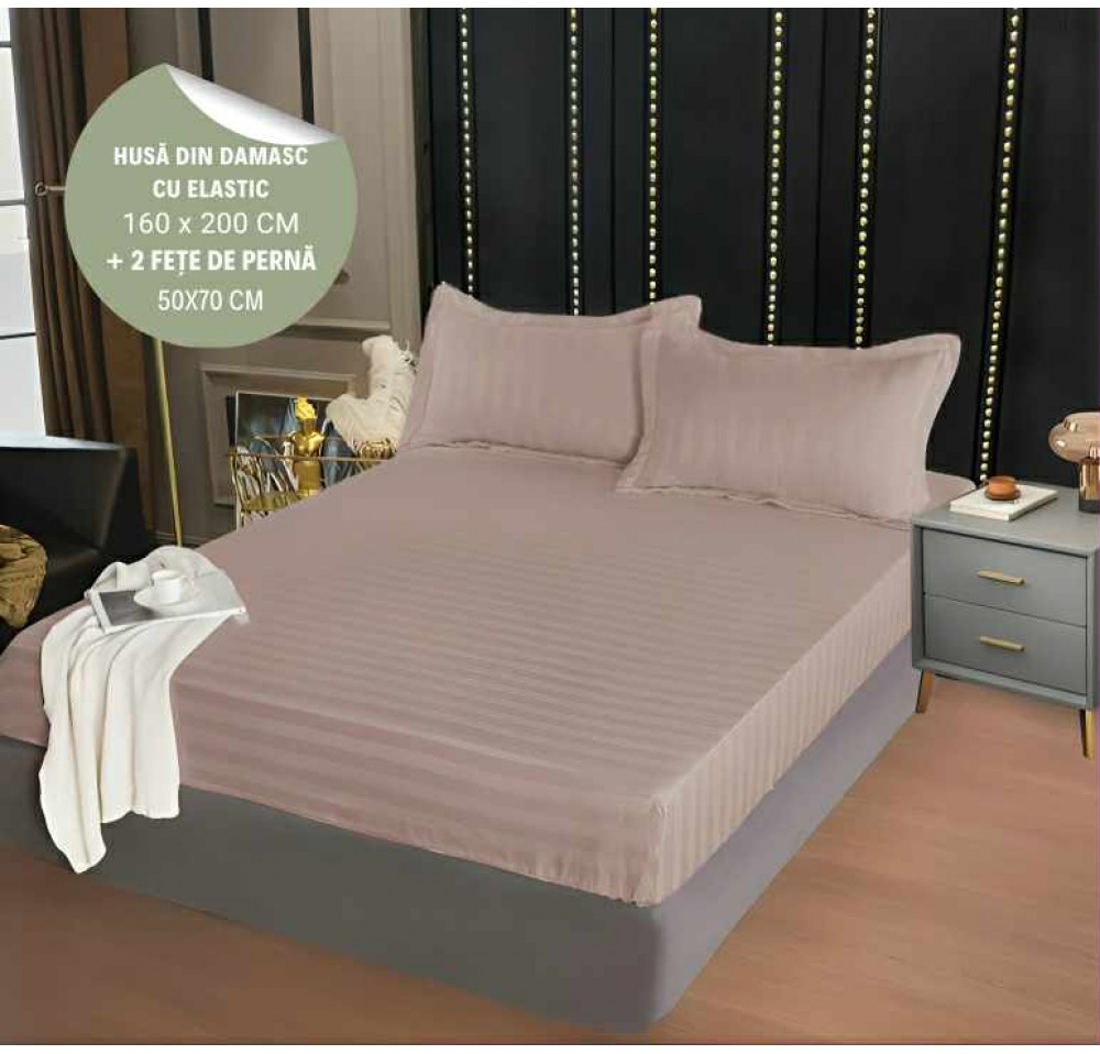 Husa de pat din damasc cu elastic 160x200cm + 2 fete de perna 50x70cm - HD07