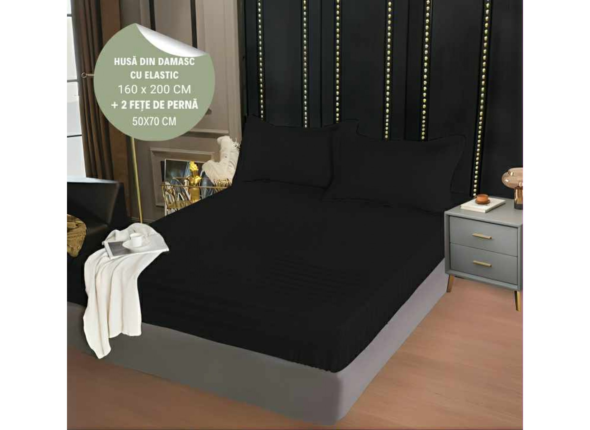 Husa de pat din damasc cu elastic 160x200cm + 2 fete de perna 50x70cm - HD08