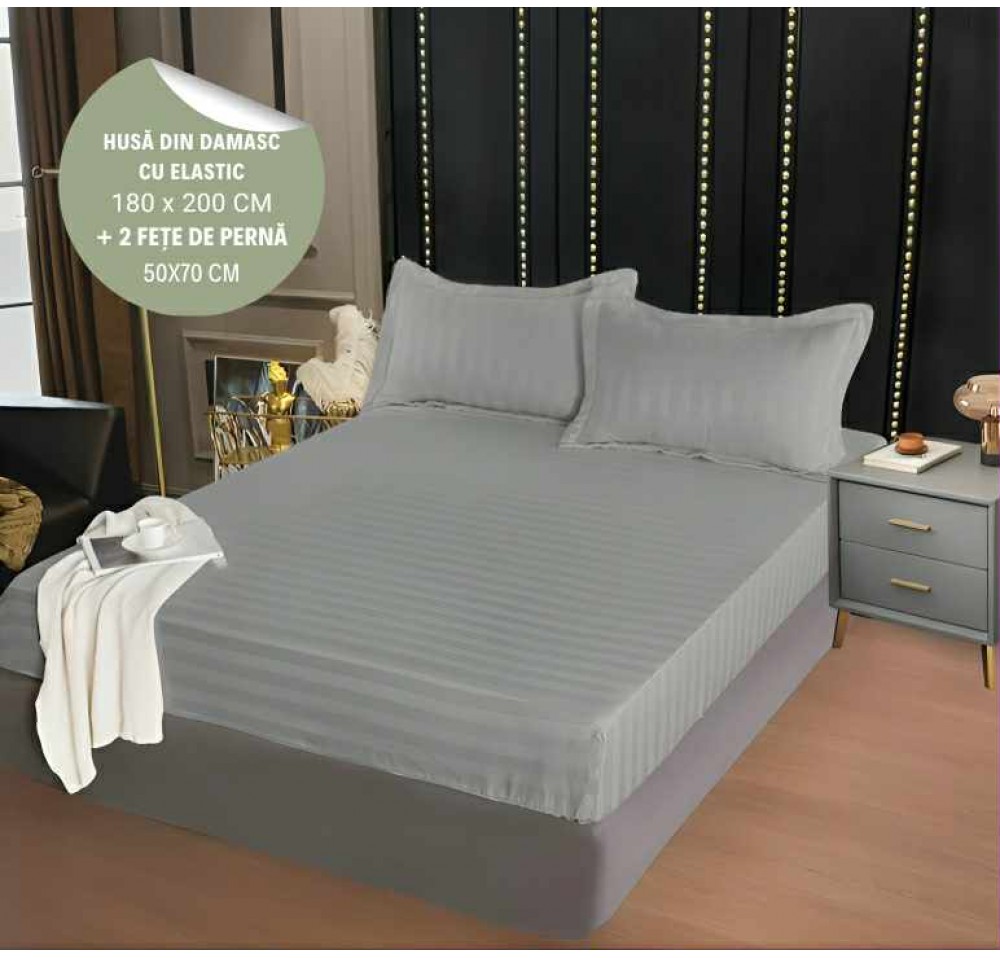 Husa de pat din damasc cu elastic 180x200cm + 2 fete de perna 50x70cm - HD22
