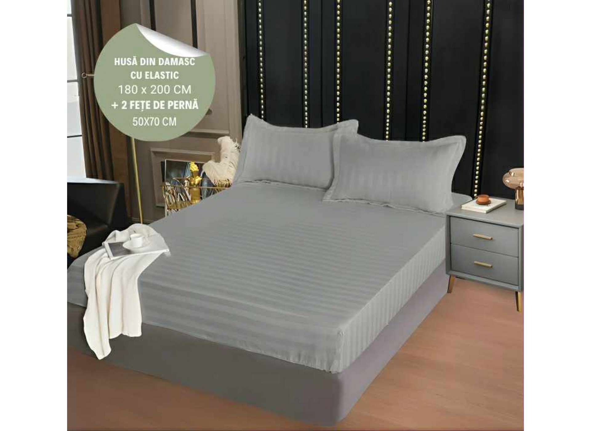 Husa de pat din damasc cu elastic 180x200cm + 2 fete de perna 50x70cm - HD22
