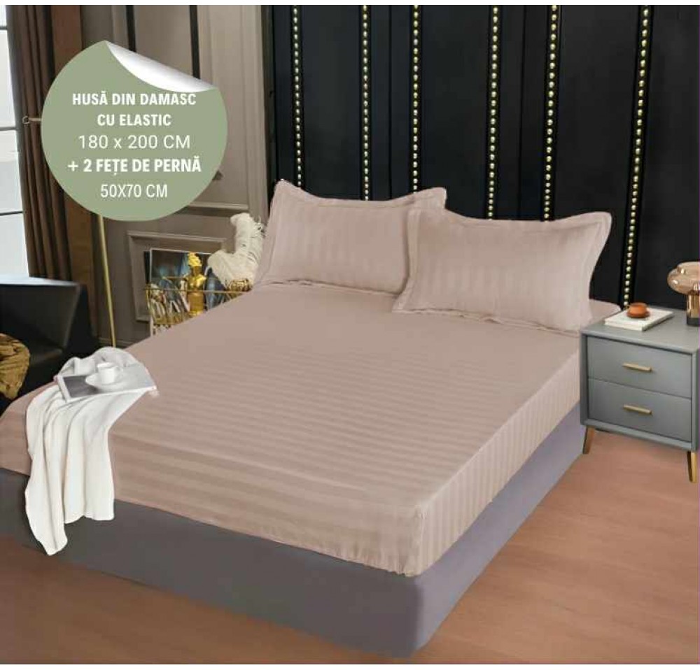 Husa de pat din damasc cu elastic 180x200cm + 2 fete de perna 50x70cm - HD25