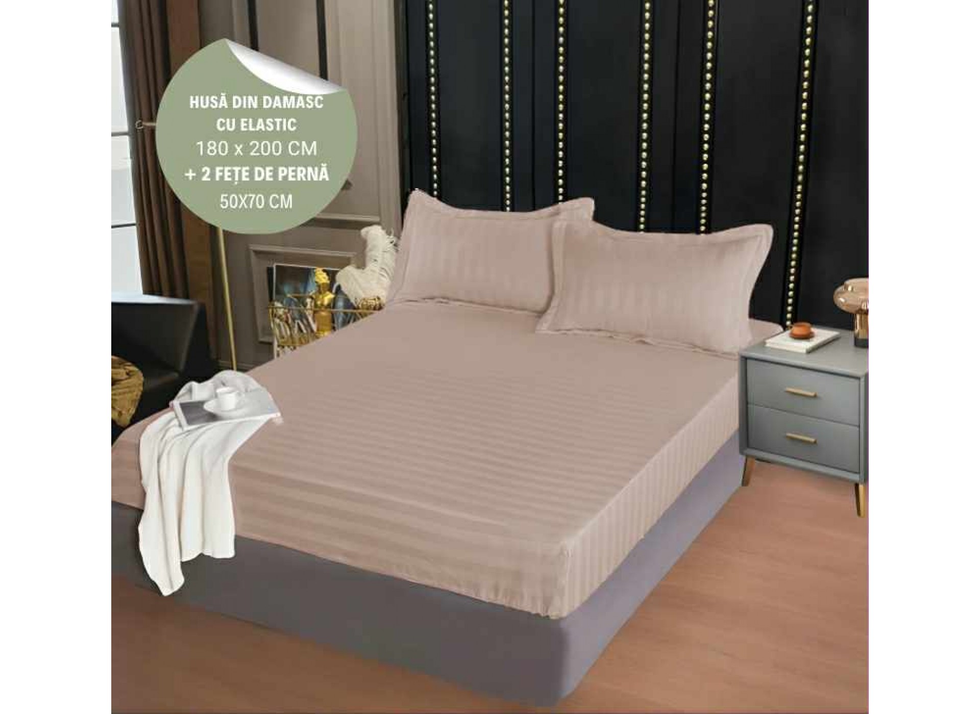 Husa de pat din damasc cu elastic 180x200cm + 2 fete de perna 50x70cm - HD25