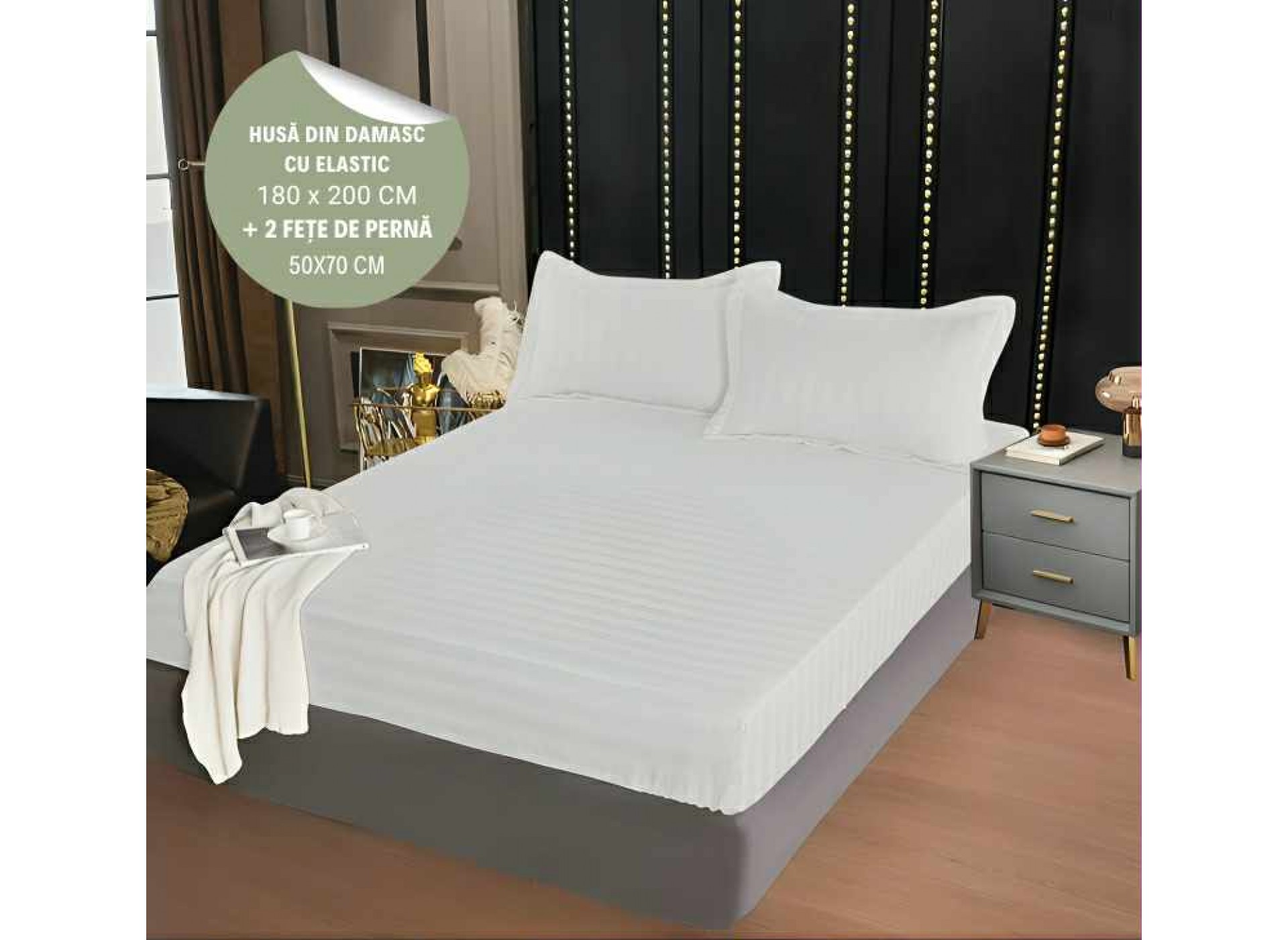 Husa de pat din damasc cu elastic 180x200cm + 2 fete de perna 50x70cm - HD26