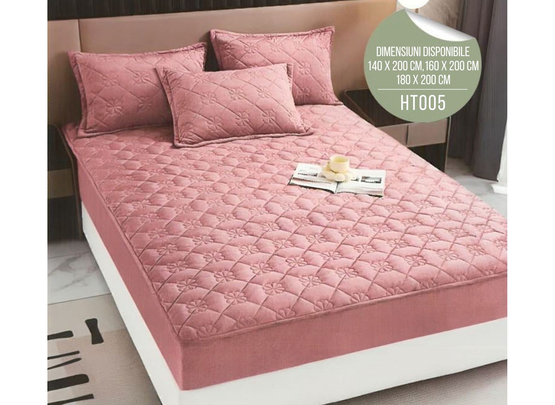 Husă de Pat din Catifea Tip Topper + 2 fețe de pernă incluse HT005