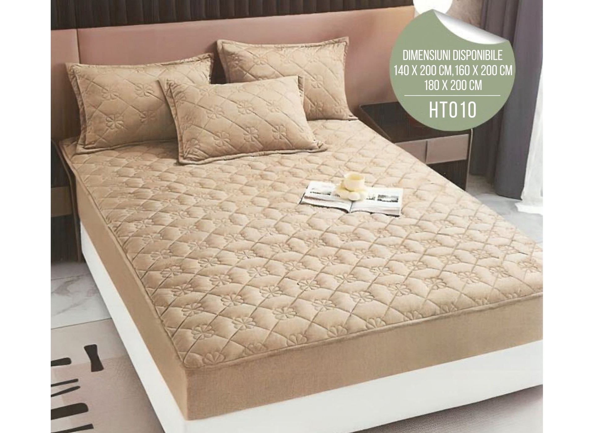 Husă de Pat din Catifea Tip Topper + 2 fețe de pernă incluse HT010