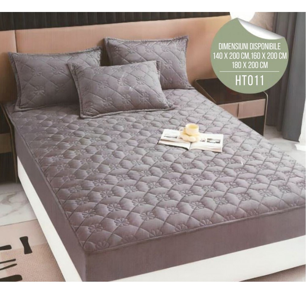 Husă de Pat din Catifea Tip Topper + 2 fețe de pernă incluse HT011