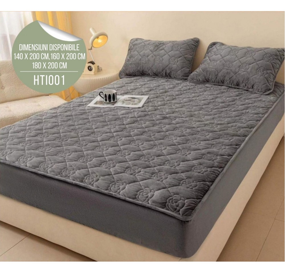 Husă de Pat din Catifea Tip Topper + 2 fețe de pernă incluse HTI001