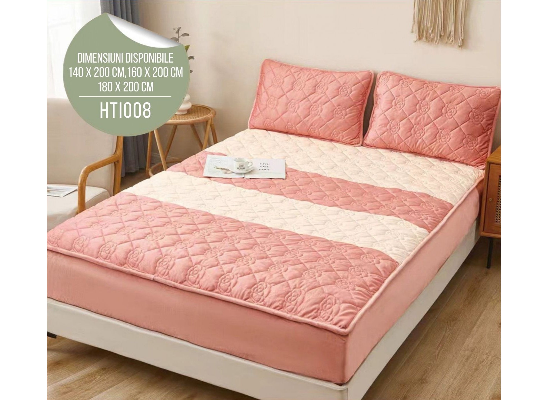 Husă de Pat din Catifea Tip Topper + 2 fețe de pernă incluse HTI008