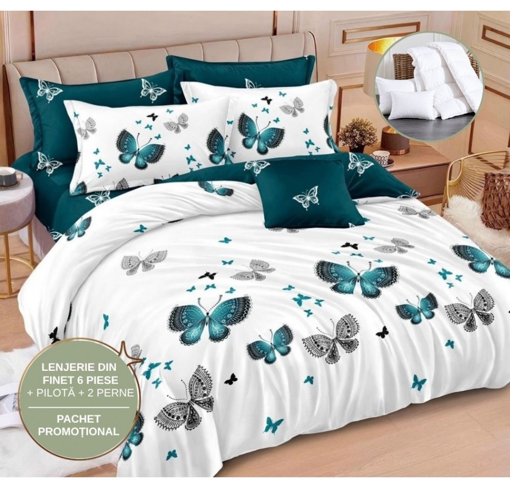 PACHET PROMO COMPLET: Lenjerie de Pat Finet 6 Piese + Pilotă + 2 Perne PP11