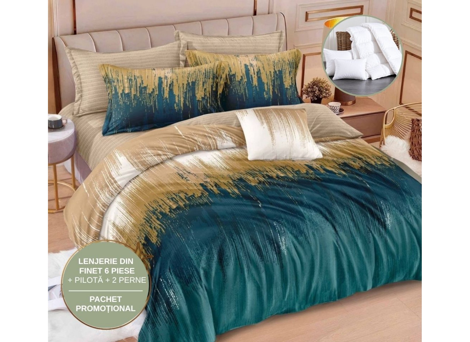 PACHET PROMO COMPLET: Lenjerie de Pat Finet 6 Piese + Pilotă + 2 Perne PP17