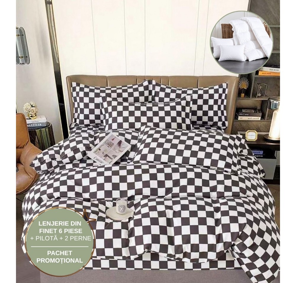 PACHET PROMO COMPLET: Lenjerie de Pat Finet 6 Piese + Pilotă + 2 Perne PP23