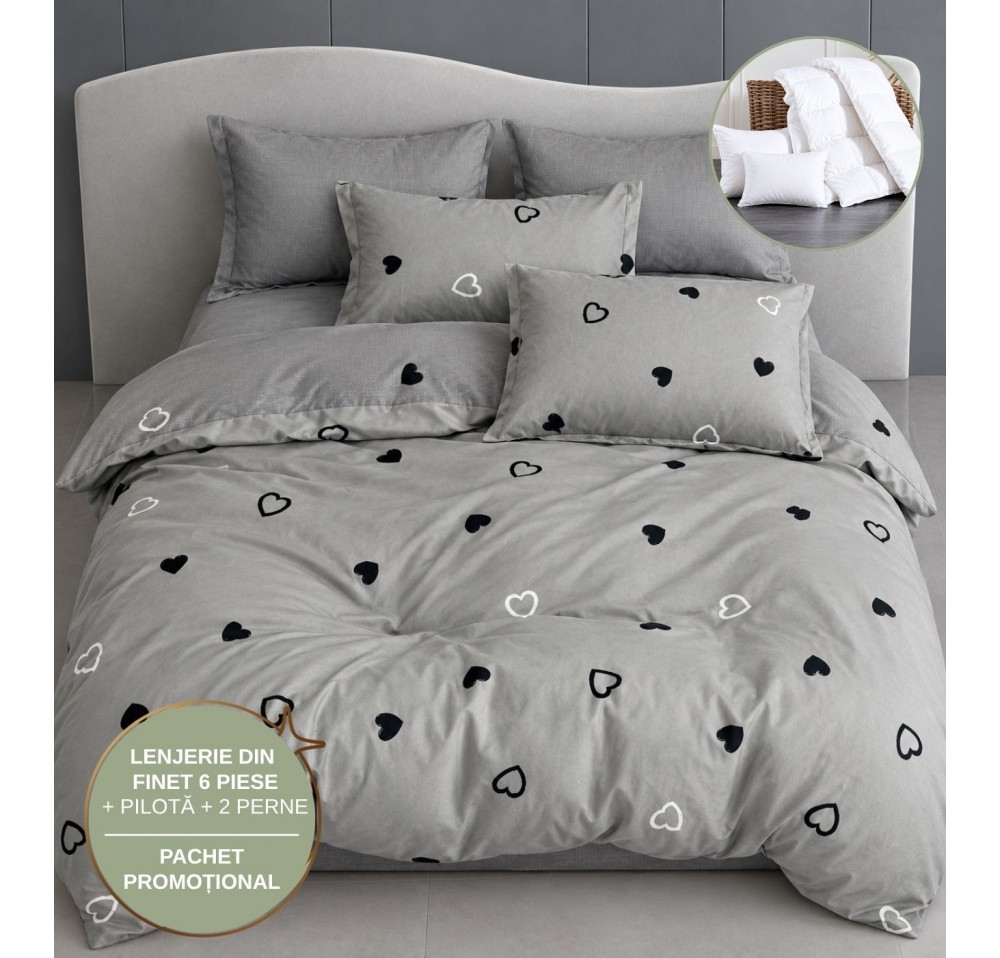 PACHET PROMO COMPLET: Lenjerie de Pat Finet 6 Piese + Pilotă + 2 Perne PP26